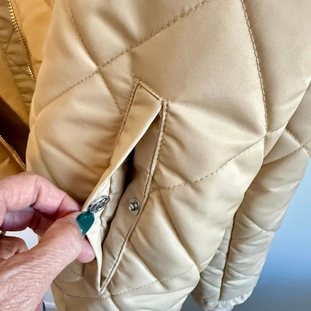NWT WeWoreWhat Color Blocked Quilted Puffer Jacket in a muted sage/beige colorwa